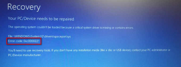 So beheben Sie den PC / Geräte-Reparaturfehler 0xc0000221