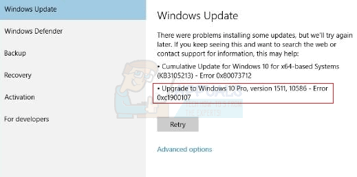 Fix: Windows 10 Anniversary Update Fehlercode 0xc1900107
