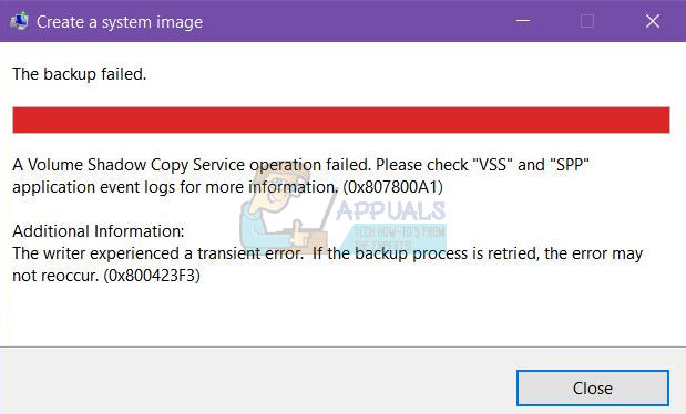 Fix: Windows 10 System Image Backup-Fehler 0x807800A1 & 0X800423F3