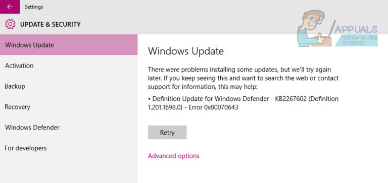 UPDATE: Definitionsupdate für Windows Defender schlägt mit Fehler 0x80070643 fehl