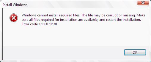 Windows kann erforderliche Dateien nicht installieren Fehler 0x80070570
