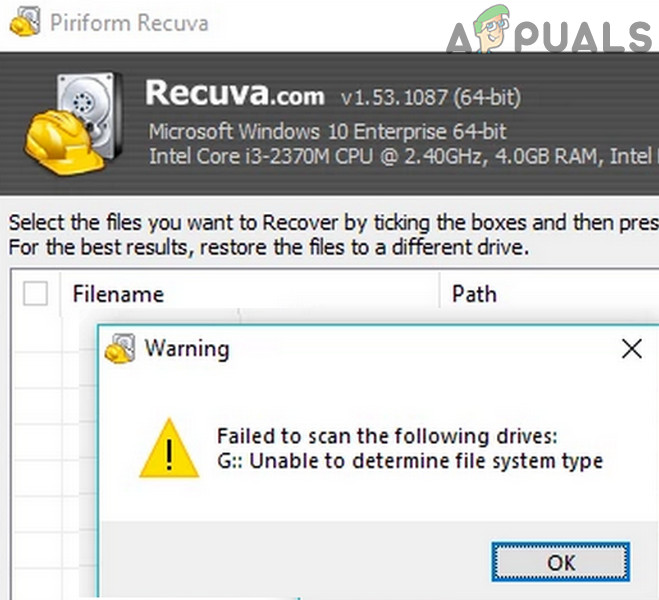 Recuva kann den Dateisystemtyp nicht bestimmen (Fehler)