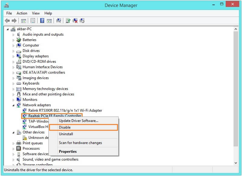 BUGCODE NDIS-TREIBER – Windows 8 Geräte-Manager – Rechtsklick – Deaktivieren – Windows Wally