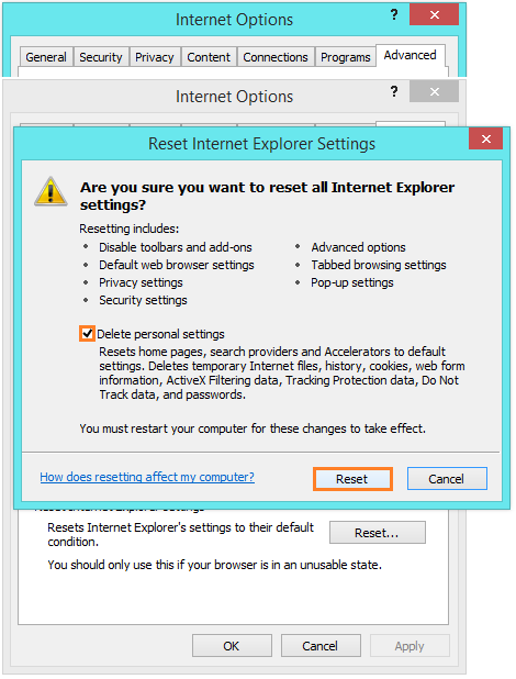 Internet Explorer stoppt – Internetoptionen – Erweitert – Zurücksetzen – Zurücksetzen – Windows Wally