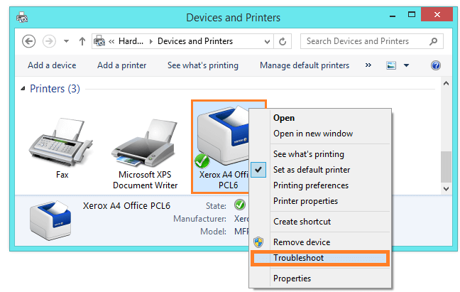 Windows 8-Drucker – Geräte und Drucker – Rechtsklick – Fehlerbehebung – Windows Wally