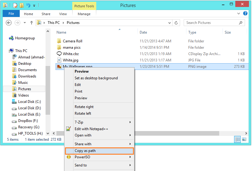 Windows 8-Hintergrund – Als Pfad kopieren – Windows Wally